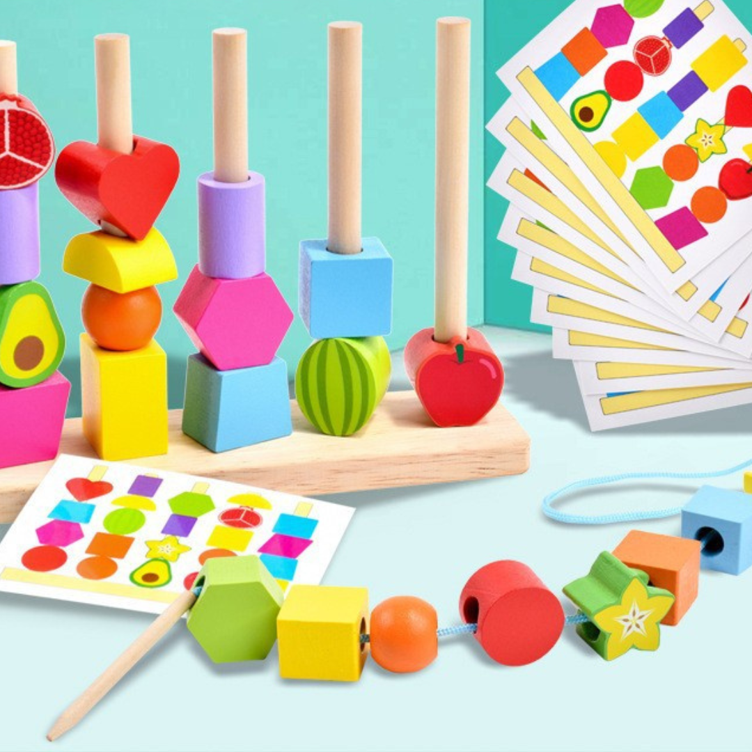 Wooden Montessori colors and shapes thread toy