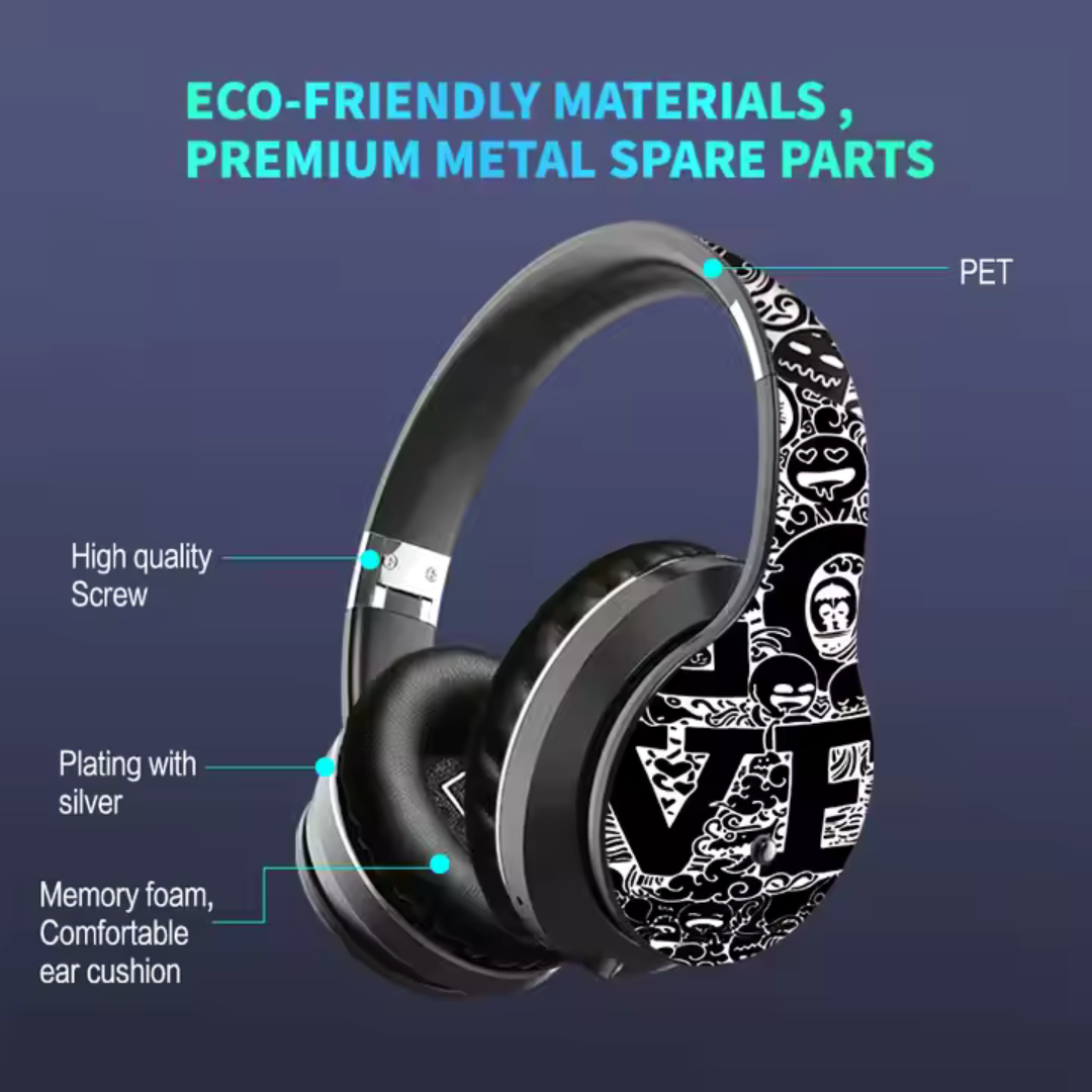 Bluetooth Wireless Headphones – DJ Style, Foldable, with Custom "LOVE" Graffiti Art