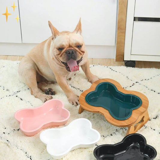 Elevated Ceramic Dog Bowl with Wooden Stand