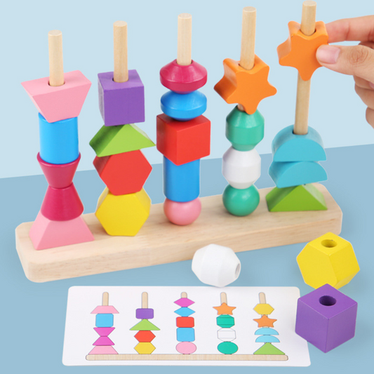 Wooden Montessori colors and shapes thread toy