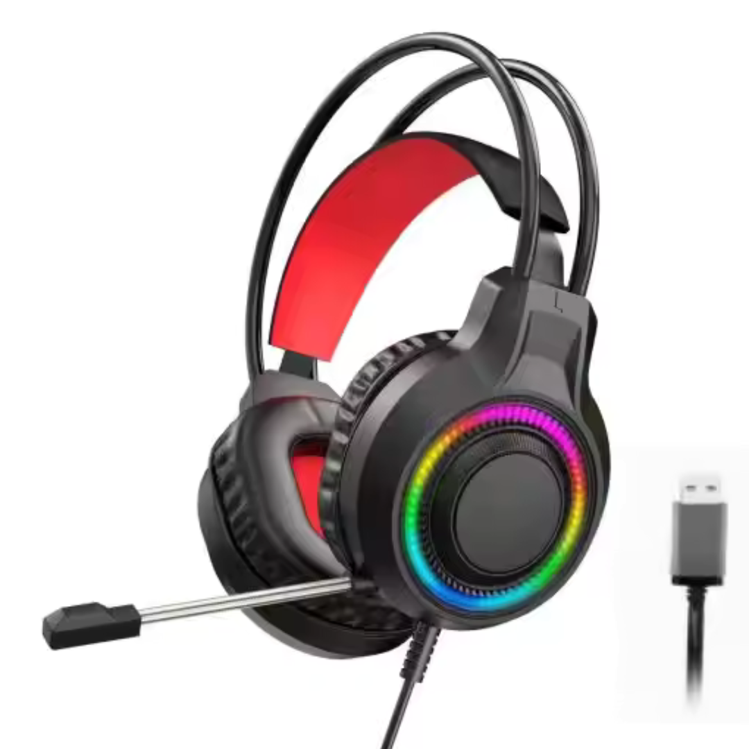 USB Gaming Headset – Noise-Cancelling Mic, LED Lights, Surround Sound, PC & Console Compatible