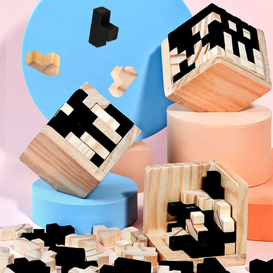 Children's Tetris Game and Learning Cube Made of Wood