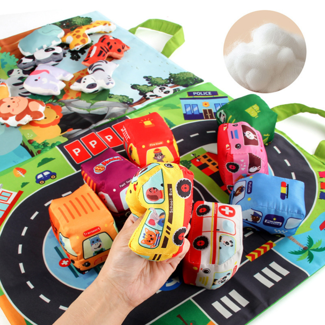 2in1 sensory plush toy cars with road mat and bag for on the go