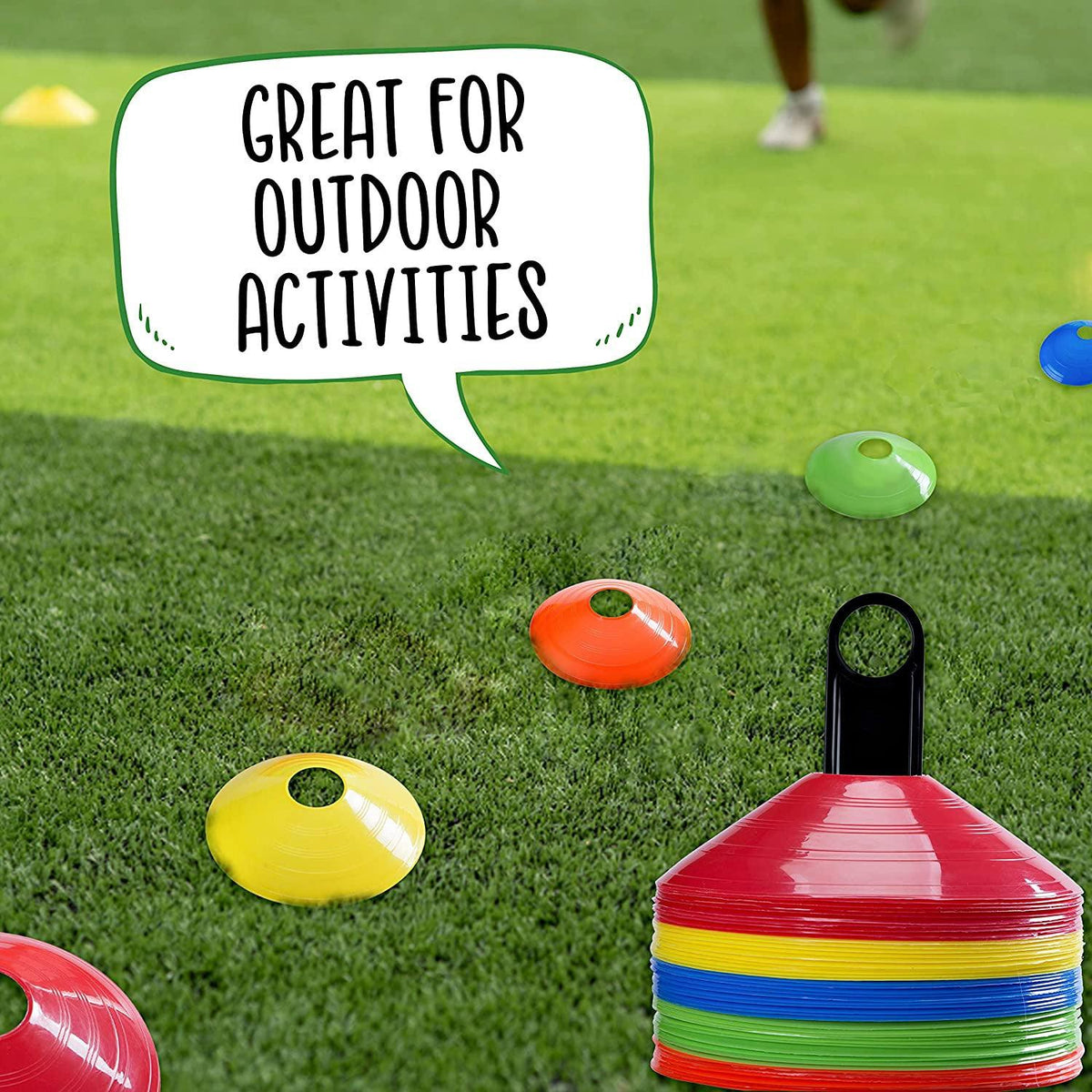 Football Training Cones – Indoor/Outdoor Use – Set of 50 Sports Safety Space Marker Cones with Stand and Bag.