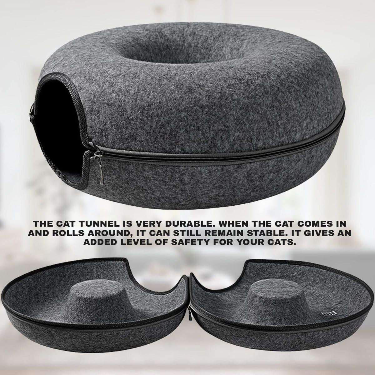 Cat Tunnel Bed - Natural Felt Pet Cat Cave Nest Round House Donut Interactive Toy
