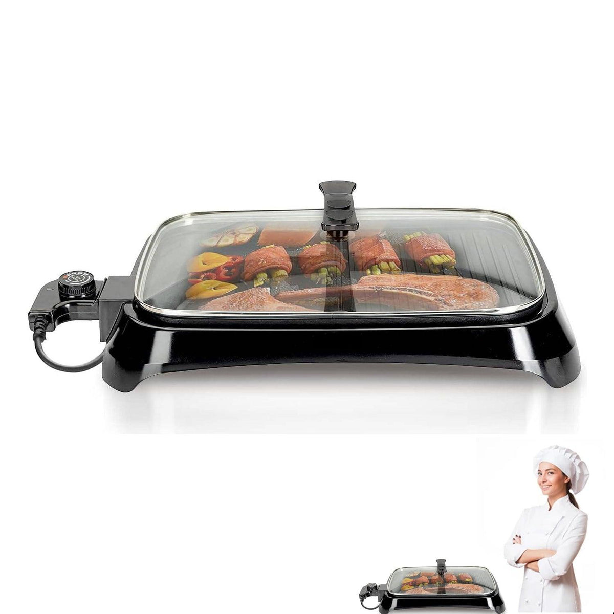 Electric Barbeque Grill - 1600W Tabletop BBQ Griddle with Smokeless Hot Plate for Indoor & Outdoor Cooking