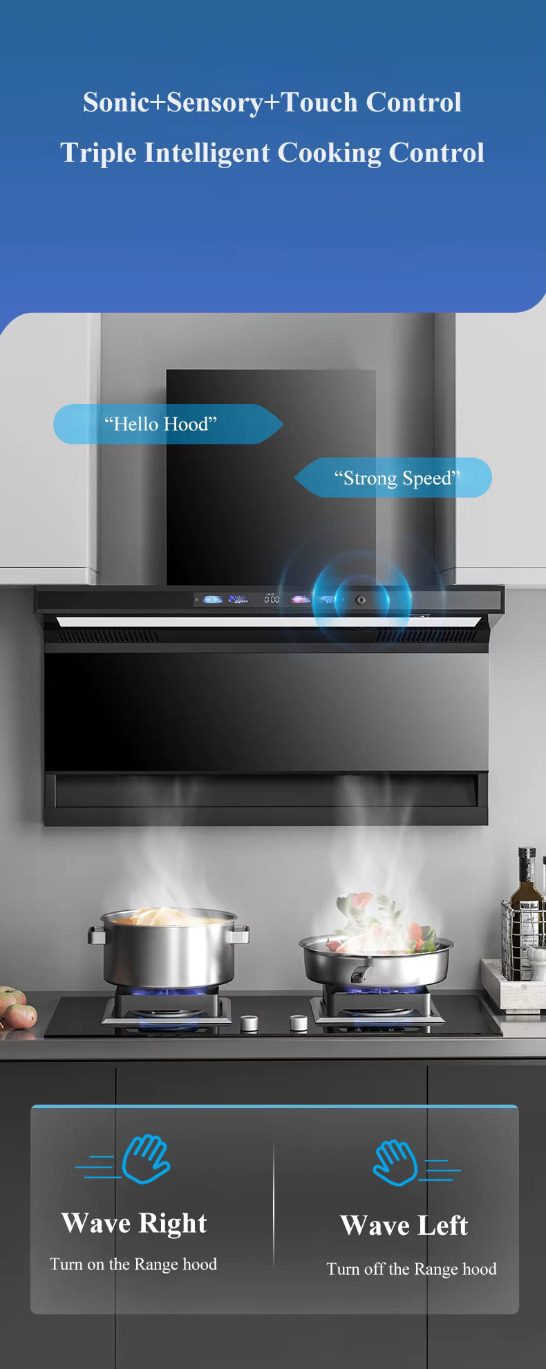 Smart Sensor Kitchen Range Hood – Wall-Mounted, Low Noise, Modern Design