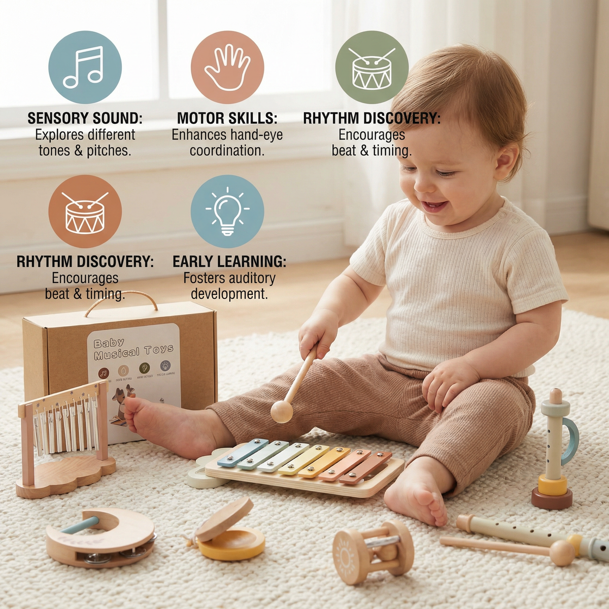 6-Piece Wooden Baby Musical Instrument Set – Sensory Sound & Music Toy