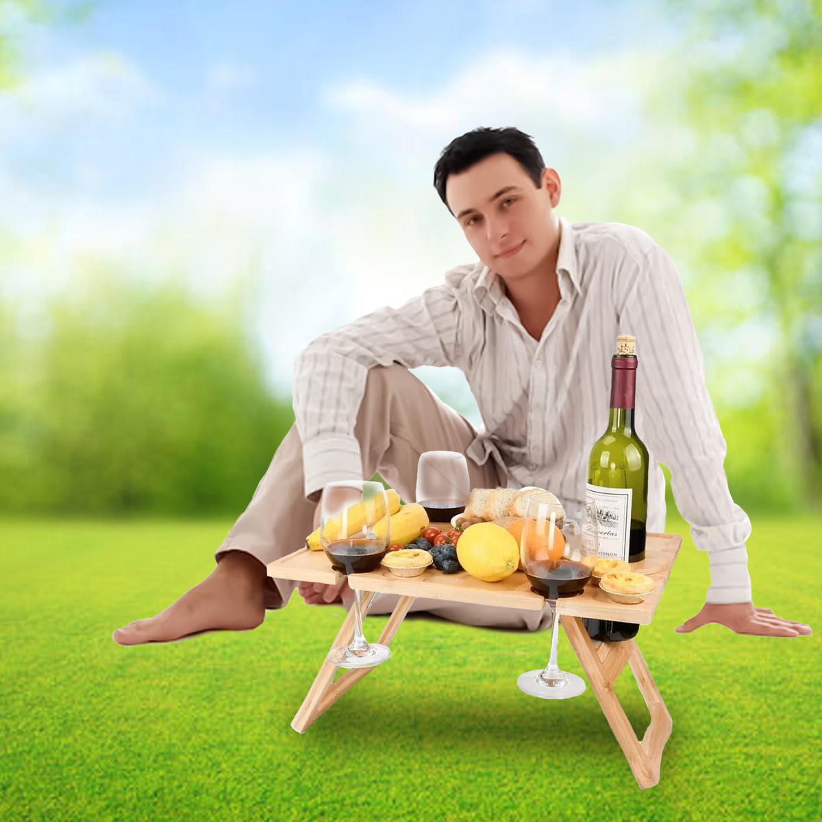 Wine Picnic Table – Portable Wooden Table with Glass Holders for Outdoor Use
