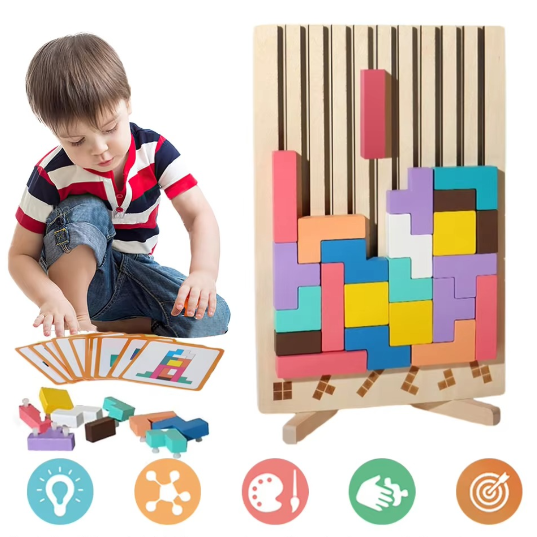 Montessori wooden blocks and shapes game