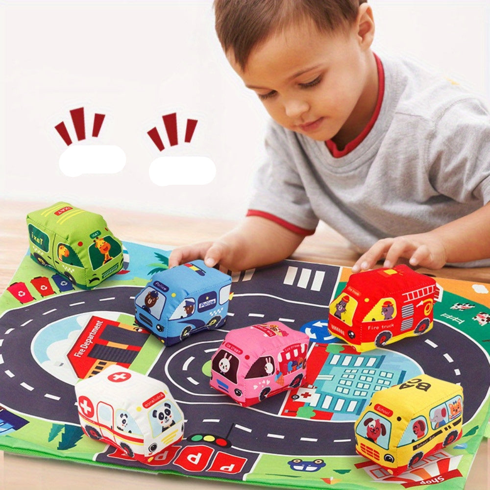 2in1 sensory plush toy cars with road mat and bag for on the go
