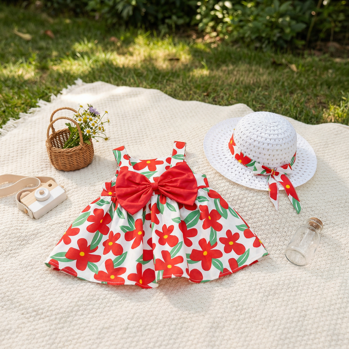 Summer Strap Dress Set for Babies & Toddlers – Sleeveless Bow Dress with Matching Hat