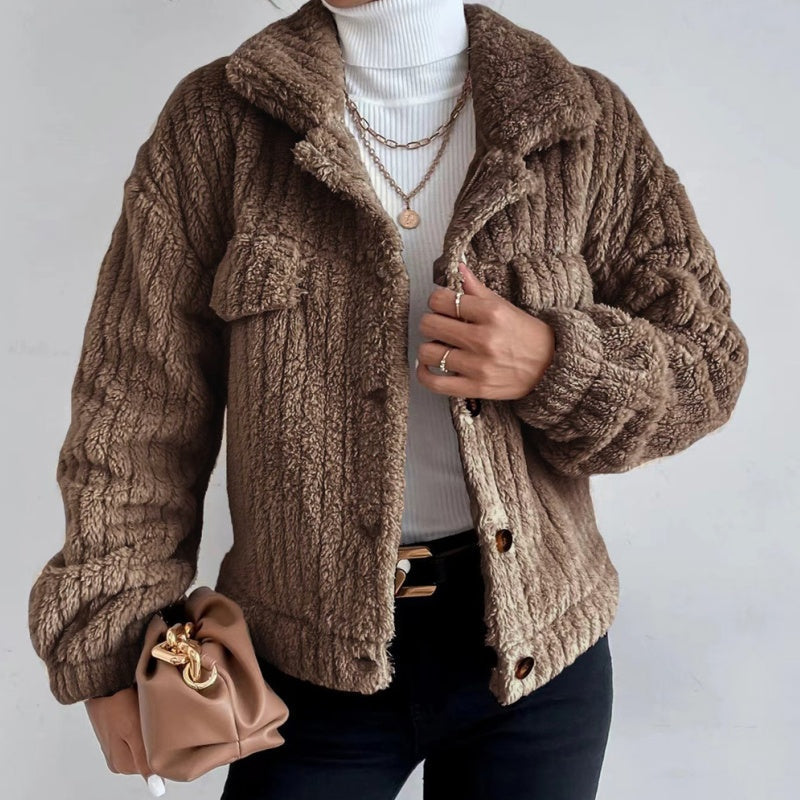 Women's Lapel Button-Down Warm Fuzzy Cropped Coat