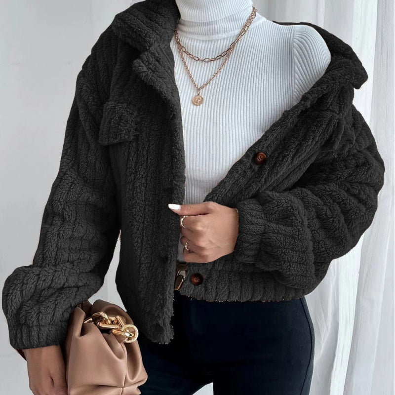 Women's Lapel Button-Down Warm Fuzzy Cropped Coat
