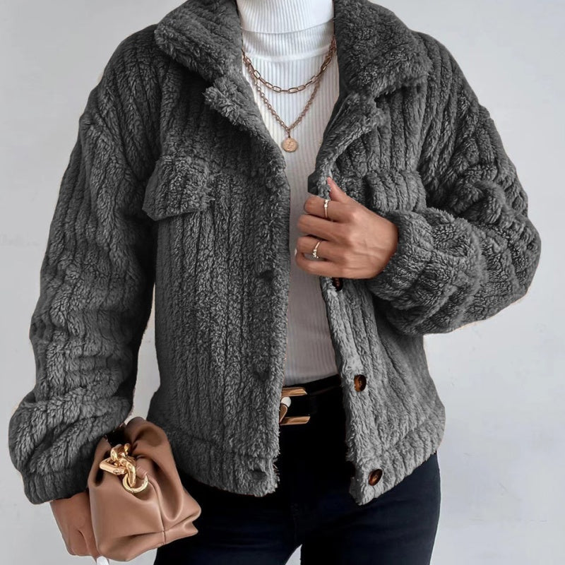 Women's Lapel Button-Down Warm Fuzzy Cropped Coat