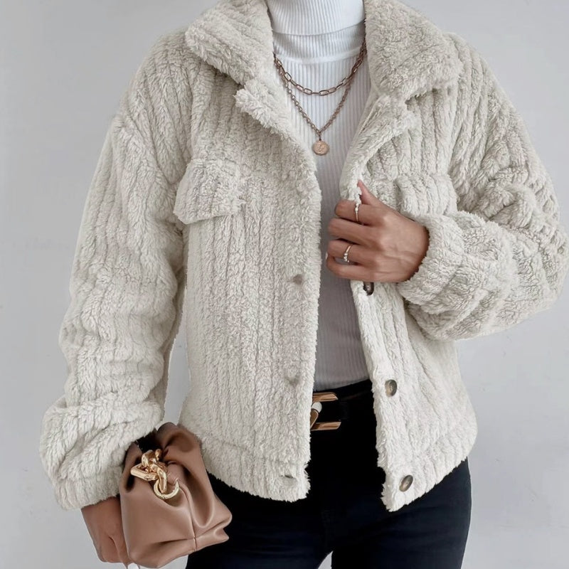 Women's Lapel Button-Down Warm Fuzzy Cropped Coat