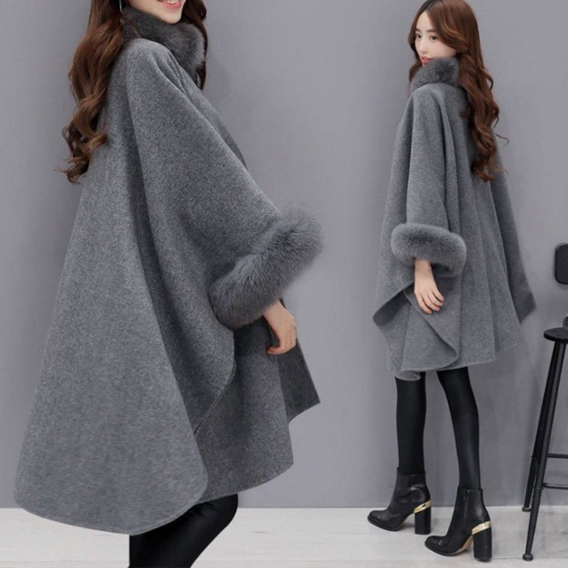 💖Best Gift💖  Elegant Solid Color Faux Fur Collar Loose Poncho Coat