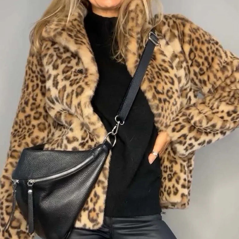 Women’s Fluffy Short Coat with Leopard Print