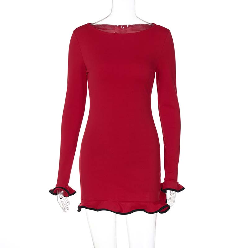 Women's Solid Color Long Sleeve Ruffle Dress