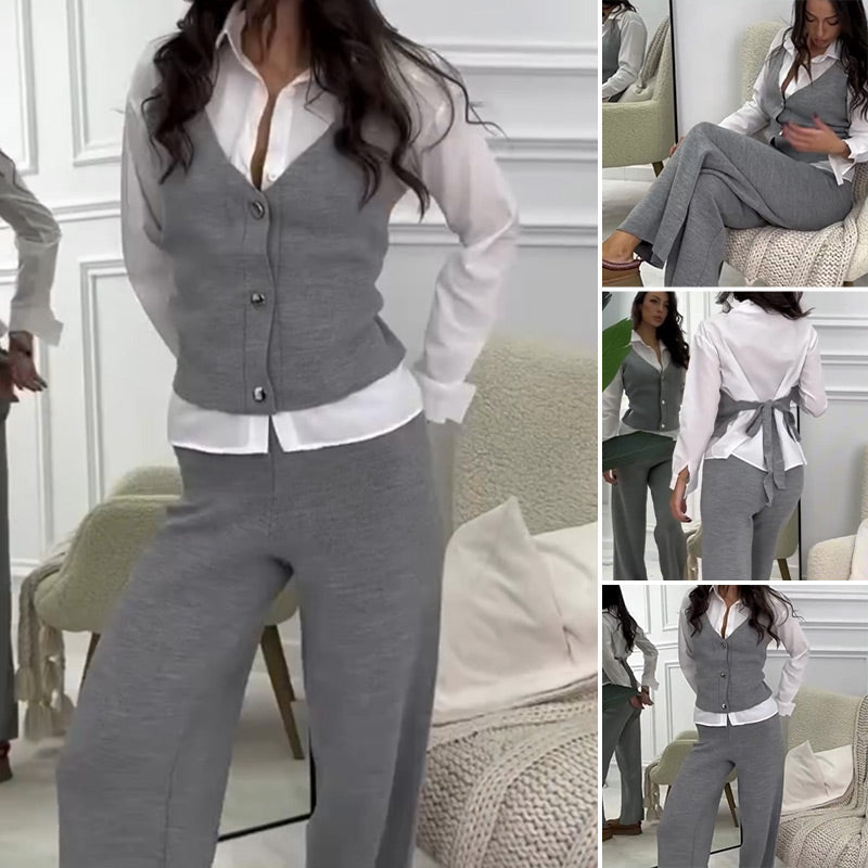 Women's Faux Two-Piece Shirt Vest & Pants Set