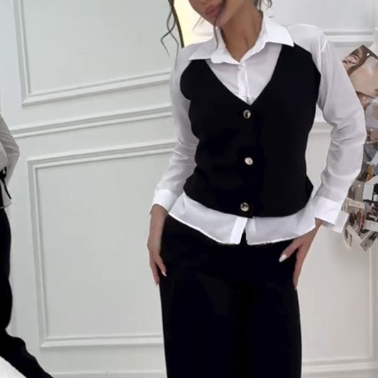 Women's Faux Two-Piece Shirt Vest & Pants Set
