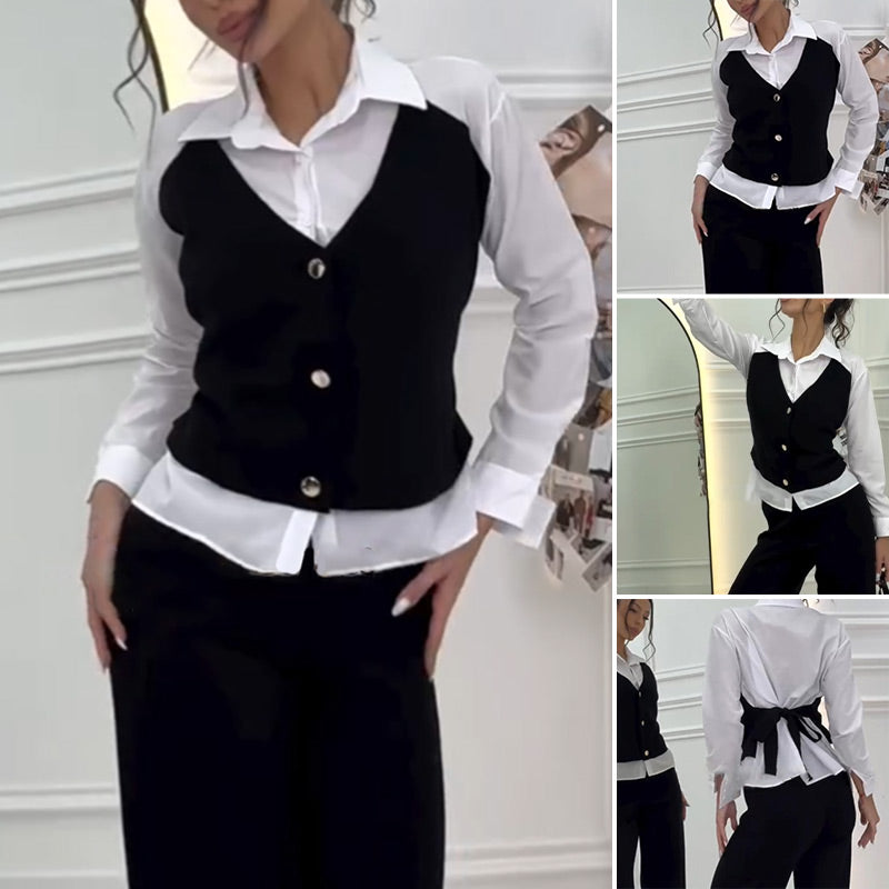 Women's Faux Two-Piece Shirt Vest & Pants Set