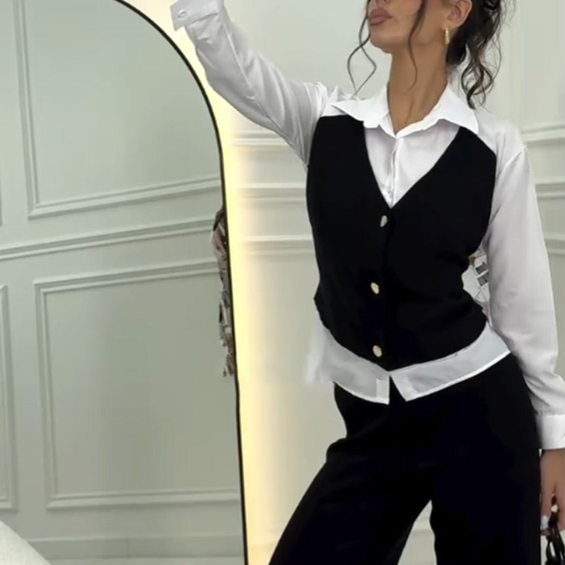 Women's Faux Two-Piece Shirt Vest & Pants Set