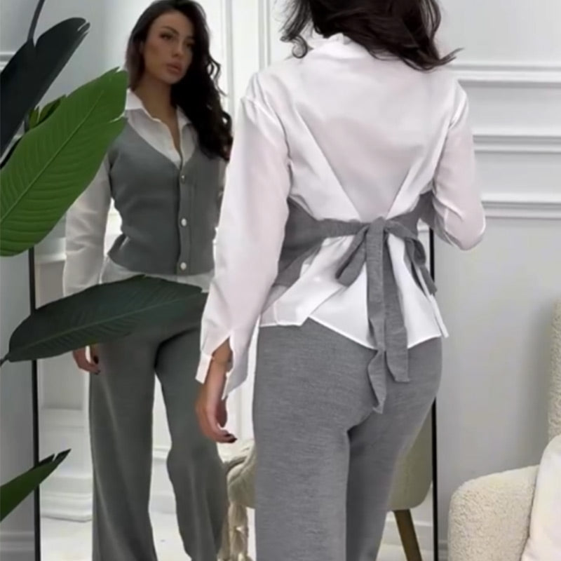Women's Faux Two-Piece Shirt Vest & Pants Set