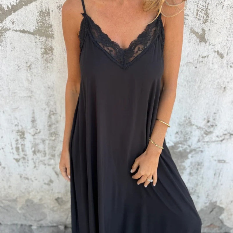 🌸Spring Specials💐 Women's Elegant Lace Trim V-Neck Spaghetti Strap Maxi Dress
