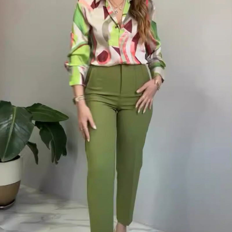 Women's Printed Button Shirt & Pants 2-Piece Set