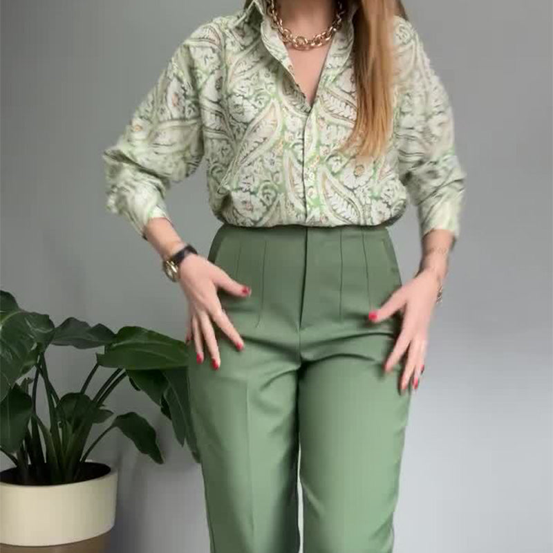 Women's Printed Button Shirt & Pants 2-Piece Set