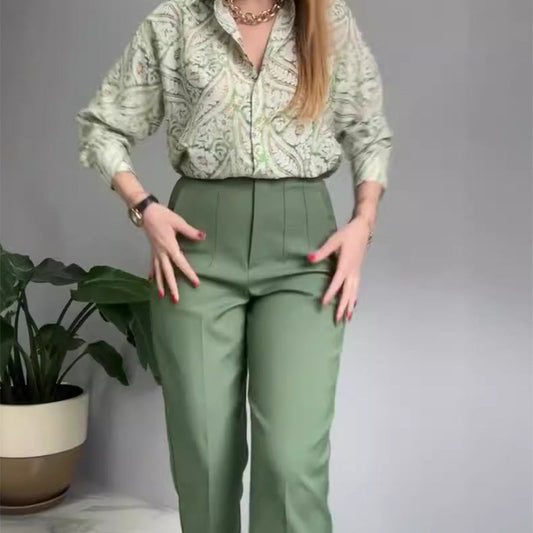 Women's Printed Button Shirt & Pants 2-Piece Set