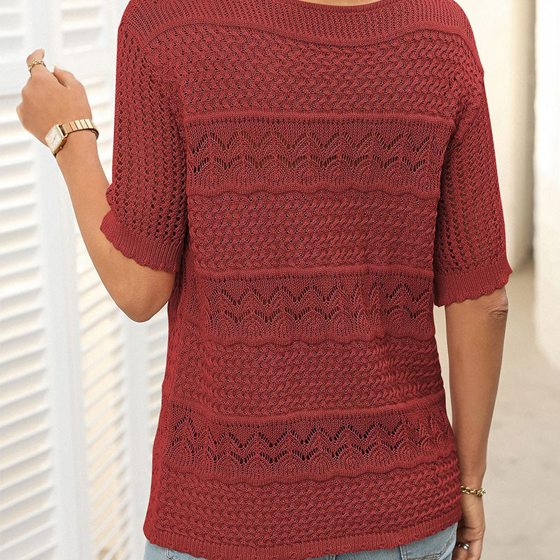 🎉Hot Sale 50% OFF🎉Women's Round Neck Hollow Knit Crochet Short Sleeve Sweater