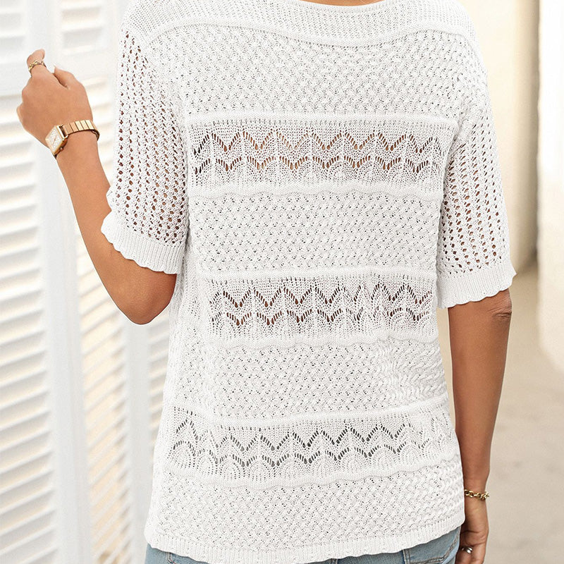 🎉Hot Sale 50% OFF🎉Women's Round Neck Hollow Knit Crochet Short Sleeve Sweater
