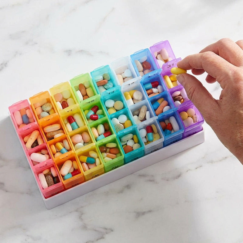 🥳2026 HOT SALE🥳💞50K+ SOLD!🌍✈️ 50% OFF! 4-Week Medication Travel Case – 31-day compartments, easy-open design. Ideal for seniors, vacations & weekly planning. 📅🔒