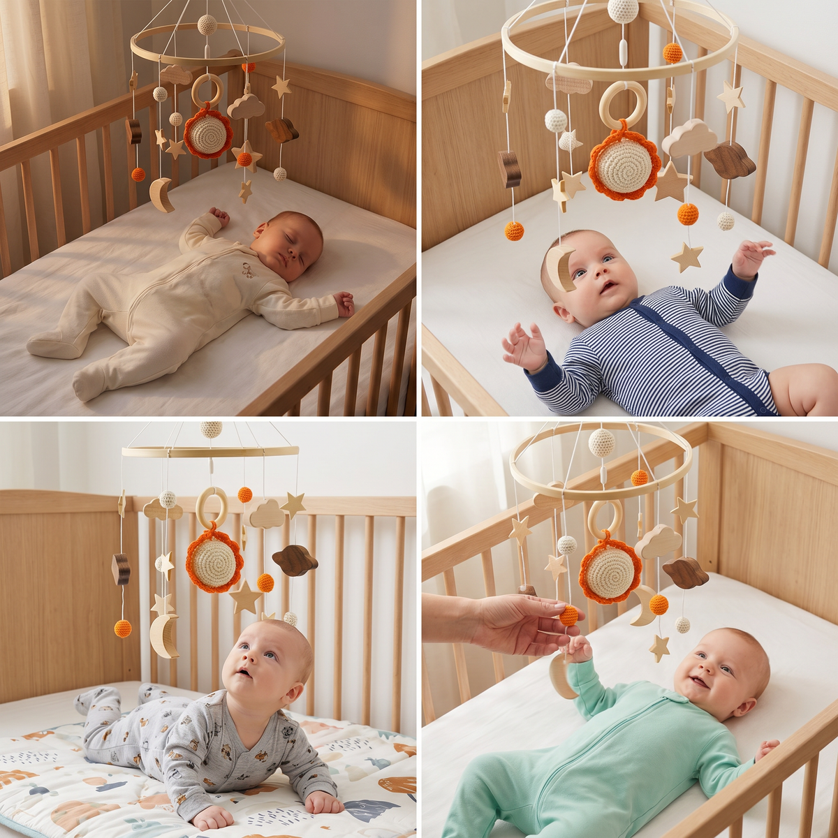 Handmade Wooden Baby Crib Mobile with Crochet Pendants – Soothing Bed Toy for Newborns