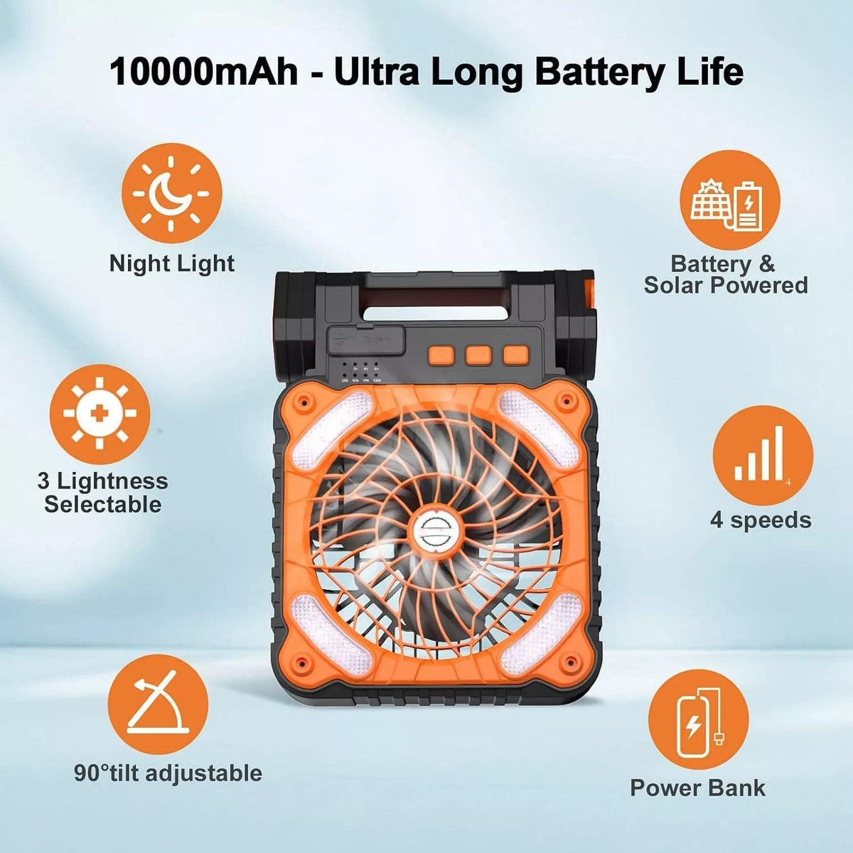Rechargeable Camping Fan - 20000Mah Solar Powered Portable Fan with LED Lantern, 3 Speeds Cord